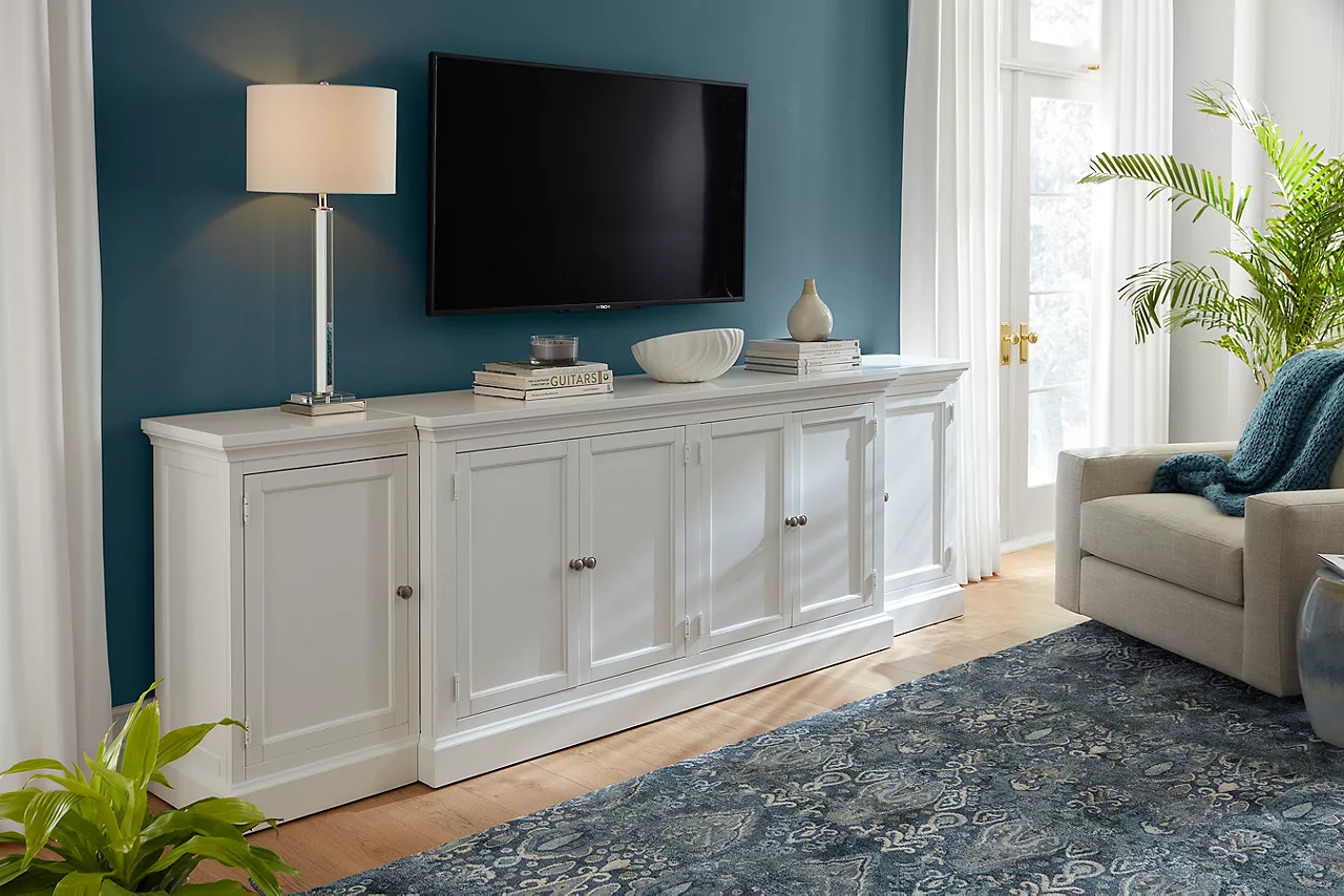 Arlington Entertainment Wall without the Hutch in White in a room scene.